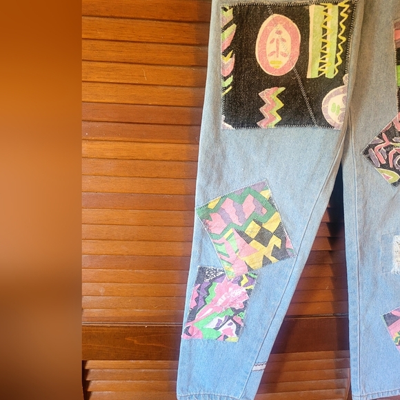 One Of A Kind 80's Inspired Handmade Patch Work Boyfriend Style Denim Jeans Sz 0 - Picture 9 of 10